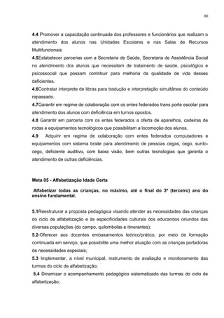 80
4.4 Promover a capacitação continuada dos professores e funcionários que realizam o
atendimento dos alunos nas Unidades Escolares e nas Salas de Recursos
Multifuncionais
4.5Estabelecer parcerias com a Secretaria de Saúde, Secretaria de Assistência Social
no atendimento dos alunos que necessitam de tratamento de saúde, psicológico e
psicossocial que possam contribuir para melhoria da qualidade de vida desses
deficientes.
4.6Contratar interprete de libras para tradução e interpretação simultânea do conteúdo
repassado.
4.7Garantir em regime de colaboração com os entes federados trans porte escolar para
atendimento dos alunos com deficiência em turnos opostos.
4.8 Garantir em parceria com os entes federados a oferta de aparelhos, cadeiras de
rodas e equipamentos tecnológicos que possibilitam a locomoção dos alunos.
4.9 Adquirir em regime de colaboração com entes federados computadores e
equipamentos com sistema braile para atendimento de pessoas cegas, cego, surdo-
cego, deficiente auditivo, com baixa visão, bem outras tecnologias que garanta o
atendimento de outras deficiências.
Meta 05 - Alfabetização Idade Certa
Alfabetizar todas as crianças, no máximo, até o final do 3º (terceiro) ano do
ensino fundamental.
5.1Reestruturar a proposta pedagógica visando atender as necessidades das crianças
do ciclo de alfabetização e às especificidades culturais dos educandos oriundos das
diversas populações (do campo, quilombolas e itinerantes);
5.2-Oferecer aos docentes embasamentos teórico/prático, por meio de formação
continuada em serviço, que possibilite uma melhor atuação com as crianças portadoras
de necessidades especiais;
5.3 Implementar, a nível municipal, instrumento de avaliação e monitoramento das
turmas do ciclo de alfabetização;
5.4 Dinamizar o acompanhamento pedagógico sistematizado das turmas do ciclo de
alfabetização;
 