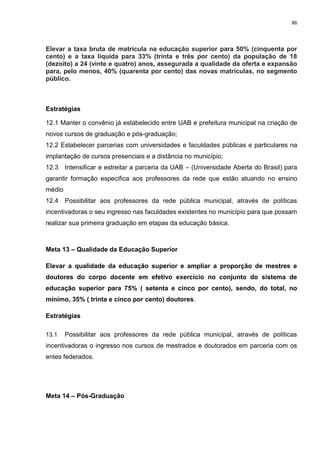 86
Elevar a taxa bruta de matrícula na educação superior para 50% (cinquenta por
cento) e a taxa líquida para 33% (trinta e três por cento) da população de 18
(dezoito) a 24 (vinte e quatro) anos, assegurada a qualidade da oferta e expansão
para, pelo menos, 40% (quarenta por cento) das novas matrículas, no segmento
público.
Estratégias
12.1 Manter o convênio já estabelecido entre UAB e prefeitura municipal na criação de
novos cursos de graduação e pós-graduação;
12.2 Estabelecer parcerias com universidades e faculdades públicas e particulares na
implantação de cursos presenciais e a distância no município;
12.3 Intensificar e estreitar a parceria da UAB – (Universidade Aberta do Brasil) para
garantir formação especifica aos professores da rede que estão atuando no ensino
médio
12.4 Possibilitar aos professores da rede pública municipal, através de políticas
incentivadoras o seu ingresso nas faculdades existentes no município para que possam
realizar sua primeira graduação em etapas da educação básica.
Meta 13 – Qualidade da Educação Superior
Elevar a qualidade da educação superior e ampliar a proporção de mestres e
doutores do corpo docente em efetivo exercício no conjunto do sistema de
educação superior para 75% ( setenta e cinco por cento), sendo, do total, no
mínimo, 35% ( trinta e cinco por cento) doutores.
Estratégias
13.1 Possibilitar aos professores da rede pública municipal, através de políticas
incentivadoras o ingresso nos cursos de mestrados e doutorados em parceria com os
entes federados.
Meta 14 – Pós-Graduação
 
