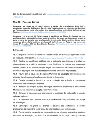 89
206 da Constituição Federal Inciso VIII. (redação dada pela emenda da Câmara de Vereadores
n° 0001/2015)
Meta 18 – Planos de Carreira
Assegurar, no prazo de 06 (seis) meses, a contar da promulgação desta Lei, a
construção e revisão do Plano de Carreira dos Trabalhadores em educação do Município
de Paratinga, tomar como referencia o piso salarial nacional profissional definido em Lei
Federal. (Modificada pela emenda da Câmara de Vereadores n° 0001/2015)
Assegurar, no prazo de 06 (seis) meses, a existência de Plano de Carreira para os
profissionais de educação básica e superior pública de todos os sistemas de ensino e,
para o plano de carreira dos profissionais da educação básica pública tomar como
referencia piso salarial nacional profissional, definido em Lei Federal nos termos do
inciso 8º do Artigo 206 da Constituição Federal. (Modificada pela emenda da Câmara de
Vereadores n° 0002/2015)
Estratégias
18.1 Adequar o Plano de Carreira dos Trabalhadores em Educação aprovado no ano
de 1998 até o final de 2015. (Modificada pela emenda da Câmara de Vereadores n° 0001/2015)
18.2 Realizar de audiências públicas com a categoria para informar e analisar os
planos de cargos e salários existentes com a finalidade de realizar uma adequação
desses planos, e ao mesmo tempo eleger uma comissão de acompanhamento e
discussão do projeto com as autoridades municipais envolvidas no processo.
18.3 Reunir com a equipe da Secretaria Municipal de Educação para discussão da
proposta de adequação e/ou elaboração do plano de carreira.
18.4 Planejar momentos de estudos com a comissão para entender o processo de
adequação e/ou elaboração do plano.
18.5 Elaborar ou adequar o plano de cargos e salários e encaminhá-lo ao Executivo
Municipal para posterior aprovação pelos Vereadores.
18.6 Convidar a categoria para acompanhar o processo de elaboração e votação
pelos vereadores.
18.7 Acompanhar o processo de adequação do Plano de Cargo e Salário, pela equipe
de elaboração.
18.8 Contemplar no plano os direitos e deveres dos professores e demais
profissionais do magistério como forma de valorização desses profissionais.
18.9 Formar equipe composto por representantes de diversos segmentos ligados a
secretaria de educação, sindicato dos trabalhadores de educação, setor jurídica da
 