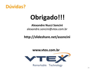 Dúvidas? 
Obrigado!!! 
Alexandre Nucci Soncini 
alexandre.soncini@vtex.com.br 
http://slideshare.net/asoncini 
www.vtex.com.br 
34 
