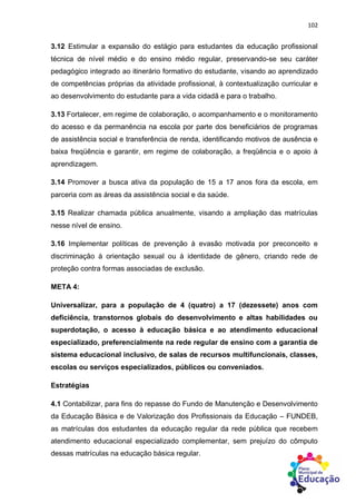 102
3.12 Estimular a expansão do estágio para estudantes da educação profissional
técnica de nível médio e do ensino médio regular, preservando-se seu caráter
pedagógico integrado ao itinerário formativo do estudante, visando ao aprendizado
de competências próprias da atividade profissional, à contextualização curricular e
ao desenvolvimento do estudante para a vida cidadã e para o trabalho.
3.13 Fortalecer, em regime de colaboração, o acompanhamento e o monitoramento
do acesso e da permanência na escola por parte dos beneficiários de programas
de assistência social e transferência de renda, identificando motivos de ausência e
baixa freqüência e garantir, em regime de colaboração, a freqüência e o apoio à
aprendizagem.
3.14 Promover a busca ativa da população de 15 a 17 anos fora da escola, em
parceria com as áreas da assistência social e da saúde.
3.15 Realizar chamada pública anualmente, visando a ampliação das matrículas
nesse nível de ensino.
3.16 Implementar políticas de prevenção à evasão motivada por preconceito e
discriminação à orientação sexual ou à identidade de gênero, criando rede de
proteção contra formas associadas de exclusão.
META 4:
Universalizar, para a população de 4 (quatro) a 17 (dezessete) anos com
deficiência, transtornos globais do desenvolvimento e altas habilidades ou
superdotação, o acesso à educação básica e ao atendimento educacional
especializado, preferencialmente na rede regular de ensino com a garantia de
sistema educacional inclusivo, de salas de recursos multifuncionais, classes,
escolas ou serviços especializados, públicos ou conveniados.
Estratégias
4.1 Contabilizar, para fins do repasse do Fundo de Manutenção e Desenvolvimento
da Educação Básica e de Valorização dos Profissionais da Educação – FUNDEB,
as matrículas dos estudantes da educação regular da rede pública que recebem
atendimento educacional especializado complementar, sem prejuízo do cômputo
dessas matrículas na educação básica regular.
 