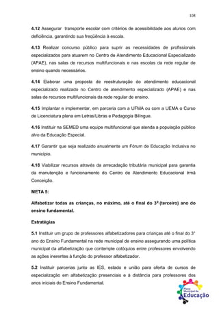 104
4.12 Assegurar transporte escolar com critérios de acessibilidade aos alunos com
deficiência, garantindo sua freqüência à escola.
4.13 Realizar concurso público para suprir as necessidades de profissionais
especializados para atuarem no Centro de Atendimento Educacional Especializado
(APAE), nas salas de recursos multifuncionais e nas escolas da rede regular de
ensino quando necessários.
4.14 Elaborar uma proposta de reestruturação do atendimento educacional
especializado realizado no Centro de atendimento especializado (APAE) e nas
salas de recursos multifuncionais da rede regular de ensino.
4.15 Implantar e implementar, em parceria com a UFMA ou com a UEMA o Curso
de Licenciatura plena em Letras/Libras e Pedagogia Bilíngue.
4.16 Instituir na SEMED uma equipe multifuncional que atenda a população público
alvo da Educação Especial.
4.17 Garantir que seja realizado anualmente um Fórum de Educação Inclusiva no
município.
4.18 Viabilizar recursos através da arrecadação tributária municipal para garantia
da manutenção e funcionamento do Centro de Atendimento Educacional Irmã
Conceição.
META 5:
Alfabetizar todas as crianças, no máximo, até o final do 3o
(terceiro) ano do
ensino fundamental.
Estratégias
5.1 Instituir um grupo de professores alfabetizadores para crianças até o final do 3°
ano do Ensino Fundamental na rede municipal de ensino assegurando uma política
municipal da alfabetização que contemple colóquios entre professores envolvendo
as ações inerentes à função do professor alfabetizador.
5.2 Instituir parcerias junto as IES, estado e união para oferta de cursos de
especialização em alfabetização presenciais e à distância para professores dos
anos iniciais do Ensino Fundamental.
 
