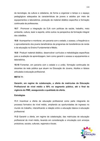 114
da tecnologia, da cultura e cidadania, de forma a organizar o tempo e o espaço
pedagógicos adequados às características de jovens e adultos por meio de
equipamentos e laboratórios, produção de material didático específico e formação
continuada de professores.
10.7 Promover a integração da EJA com políticas de saúde, trabalho, meio
ambiente, cultura, lazer e esporte, entre outros na perspectiva da formação integral
dos cidadãos.
10.8 Acompanhar e monitorar, em parceria com o estado, o acesso, a frequência e
o aproveitamento dos jovens beneficiários de programas de transferência de renda
e de educação no Ensino Fundamental e Médio.
10.9 Produzir material didático, desenvolver currículos e metodologias específicas
para a avaliação da aprendizagem, bem como garantir o acesso a equipamentos e
laboratórios.
10.10 Fomentar, em parceria com o estado e a união, formação continuada de
docentes da rede pública que atuam na Educação de Jovens, Adultos e Idosos
articulada à educação profissional.
META 11:
Garantir, em regime de colaboração, a oferta de matrículas da Educação
Profissional de nível médio a 50% no segmento público, até o final da
vigência do PME, assegurando a qualidade da oferta.
Estratégias
11.1 Incentivar a oferta de educação profissional como parte integrante do
processo formativo de nível médio, ampliando as oportunidades de ingresso no
mundo do trabalho, intensificando a relação entre a educação básica à educação
profissional.
11.2 Garantir a oferta, em regime de colaboração, das matrículas de educação
profissional de nível médio, levando em consideração a vinculação com arranjos
produtivos, sociais, culturais, regionais e locais.
 