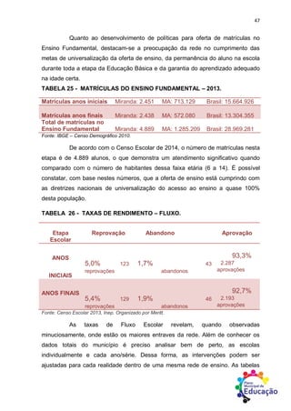 47
Quanto ao desenvolvimento de políticas para oferta de matrículas no
Ensino Fundamental, destacam-se a preocupação da rede no cumprimento das
metas de universalização da oferta de ensino, da permanência do aluno na escola
durante toda a etapa da Educação Básica e da garantia do aprendizado adequado
na idade certa.
TABELA 25 - MATRÍCULAS DO ENSINO FUNDAMENTAL – 2013.
Matrículas anos iniciais Miranda: 2.451 MA: 713.129 Brasil: 15.664.926
Matrículas anos finais Miranda: 2.438 MA: 572.080 Brasil: 13.304.355
Total de matrículas no
Ensino Fundamental Miranda: 4.889 MA: 1.285.209 Brasil: 28.969.281
Fonte: IBGE – Censo Demográfico 2010.
De acordo com o Censo Escolar de 2014, o número de matrículas nesta
etapa é de 4.889 alunos, o que demonstra um atendimento significativo quando
comparado com o número de habitantes dessa faixa etária (6 a 14). É possível
constatar, com base nestes números, que a oferta de ensino está cumprindo com
as diretrizes nacionais de universalização do acesso ao ensino a quase 100%
desta população.
TABELA 26 - TAXAS DE RENDIMENTO – FLUXO.
Etapa
Escolar
Reprovação Abandono Aprovação
ANOS
INICIAIS
5,0% 123
reprovações
1,7% 43
abandonos
93,3%
2.287
aprovações
ANOS FINAIS
5,4% 129
reprovações
1,9% 46
abandonos
92,7%
2.193
aprovações
Fonte: Censo Escolar 2013, Inep. Organizado por Meritt.
As taxas de Fluxo Escolar revelam, quando observadas
minuciosamente, onde estão os maiores entraves da rede. Além de conhecer os
dados totais do município é preciso analisar bem de perto, as escolas
individualmente e cada ano/série. Dessa forma, as intervenções podem ser
ajustadas para cada realidade dentro de uma mesma rede de ensino. As tabelas
 