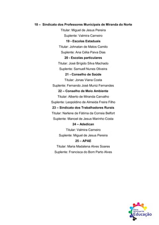 18 – Sindicato dos Professores Municipais de Miranda do Norte
Titular: Miguel de Jesus Pereira
Suplente: Valmira Carneiro
19 - Escolas Estaduais
Titular: Johnatan de Matos Camilo
Suplente: Ana Célia Paiva Dias
20 - Escolas particulares
Titular: José Brígido Silva Machado
Suplente: Samuell Nunes Oliveira
21 - Conselho de Saúde
Titular: Jonas Viana Costa
Suplente: Fernando José Muniz Fernandes
22 – Conselho de Meio Ambiente
Titular: Alberto de Miranda Carvalho
Suplente: Leopoldino de Almeida Freire Filho
23 – Sindicato dos Trabalhadores Rurais
Titular: Narlene de Fátima da Correia Belfort
Suplente: Manoel de Jesus Marinho Costa
24 – Adedican
Titular: Valmira Carneiro
Suplente: Miguel de Jesus Pereira
25 – APAE
Titular: Maria Madalena Alves Soares
Suplente: Francisca do Bom Parto Alves
 