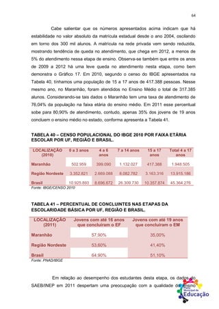 64
Cabe salientar que os números apresentados acima indicam que há
estabilidade no valor absoluto da matrícula estadual desde o ano 2004, oscilando
em torno dos 300 mil alunos. A matrícula na rede privada vem sendo reduzida,
mostrando tendência de queda no atendimento, que chega em 2012, a menos de
5% do atendimento nessa etapa de ensino. Observa-se também que entre os anos
de 2009 a 2012 há uma leve queda no atendimento nesta etapa, como bem
demonstra o Gráfico 17. Em 2010, segundo o censo do IBGE apresentados na
Tabela 40, tínhamos uma população de 15 a 17 anos de 417.388 pessoas. Nesse
mesmo ano, no Maranhão, foram atendidos no Ensino Médio o total de 317.385
alunos. Considerando-se tais dados o Maranhão tem uma taxa de atendimento de
76,04% da população na faixa etária do ensino médio. Em 2011 esse percentual
sobe para 80,90% de atendimento, contudo, apenas 35% dos jovens de 19 anos
concluem o ensino médio no estado, conforma apresenta a Tabela 41.
TABELA 40 – CENSO POPULACIONAL DO IBGE 2010 POR FAIXA ETÁRIA
ESCOLAR POR UF, REGIÃO E BRASIL.
LOCALIZAÇÃO
(2010)
0 a 3 anos 4 a 6
anos
7 a 14 anos 15 a 17
anos
Total 4 a 17
anos
Maranhão 502.959 399.090 1.132.027 417.388 1.948.505
Região Nordeste 3.352.821 2.669.088 8.082.782 3.163.316 13.915.186
Brasil 10.925.893 8.696.672 26.309.730 10.357.874 45.364.276
Fonte: IBGE/CENSO 2010
TABELA 41 – PERCENTUAL DE CONCLUINTES NAS ETAPAS DA
ESCOLARIDADE BÁSICA POR UF, REGIÃO E BRASIL.
LOCALIZAÇÃO
(2011)
Jovens com até 16 anos
que concluíram o EF
Jovens com até 19 anos
que concluíram o EM
Maranhão 57,90% 35,00%
Região Nordeste 53,60% 41,40%
Brasil 64,90% 51,10%
Fonte: PNAD/IBGE
Em relação ao desempenho dos estudantes desta etapa, os dados do
SAEB/INEP em 2011 despertam uma preocupação com a qualidade do ensino
 