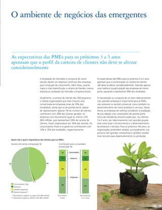 O ambiente de negócios das emergentes



     As expectativas das PMEs para os próximos 3 a 5 anos
     apontam que o perfil da carteira de clientes não deve se alterar
     consideravelmente
                                         A ampliação de mercados e conquista de novos                As expectativas das PMEs para os próximos 3 a 5 anos
                                         clientes devem ser objetivos contínuos das empresas         apontam que a concentração na carteira de clientes
                                         para condução do crescimento. Além disso, quanto            não deve se alterar consideravelmente, havendo apenas
                                         maior e mais diversificada a carteira de clientes, menos    uma melhora na participação das empresas de menor
                                         exposta às oscilações do mercado a empresa estará.          porte, passando a representar 39% dos resultados.

                                         Atualmente, a carteira de clientes das 200 pequenas         A manutenção ou conquista de um bom relacionamento
                                         e médias organizações que mais crescem está                 com grandes empresas é importante para as PMEs
                                         concentrada em empresas (mais de 70% dos                    não somente no sentido comercial, como também no
                                         resultados), sendo que as de grande porte, apesar           desenvolvimento de novos produtos e serviços. Dessa
                                         de representarem apenas 1% do número de clientes,           forma, as empresas do ranking consideram a ampliação
                                         contribuem com 39% das receitas geradas. As                 de sua relação com corporações de grande porte.
                                         empresas com faturamento igual ou inferior a R$             Cerca de metade da amostra avalia que, nos últimos
                                         400 milhões, que representam 54% da carteira de             3 a 5 anos, seu relacionamento com grandes grupos
                                         clientes, foram responsáveis por 34% das receitas. Os       teve como base o fornecimento e o desenvolvimento
                                         consumidores finais e os governos contribuíram com          de produtos e serviços. Para os próximos três anos, as
                                         14% e 13% dos resultados, respectivamente.                  organizações pretendem ampliar, principalmente, sua
                                                                                                     parceria com grandes companhias e também receber
                                                                                                     mais recursos para desenvolvimento ou produção.
     Quem são e qual a importância dos clientes para as PMEs

     Número de clientes (composição %)                      Contribuição para os resultados
                                                            (composição %)

                                                               14        Consumidor       14

                                                               13         Governo         12

54                                                44

                                                               34                         39



                                                                          Empresas

                                 11
        Consumidores finais                                    39                         35
        Governos
        Grandes empresas*
        Demais empresas**
      * Faturamento superior ou igual a R$ 400 milhões     Nos últimos                Nos próximos
     ** Faturamento igual ou inferior a R$ 400 milhões       3 anos                    3 a 5 anos

                                                                                                                   As PMEs que mais crescem no Brasil 15
 