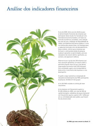 Análise dos indicadores financeiros


                         O ano de 2009, último ano de referência para
                         as demonstrações financeiras das empresas que
                         participaram desse estudo, foi marcado por uma
                         retomada da economia brasileira, com base nos
                         estímulos econômicos concedidos, como redução
                         das taxas de juros, ampliação da disponibilidade de
                         crédito, principalmente dos bancos públicos, e corte
                         nos tributos para setores-chave, com destaque para
                         a cadeia da construção civil e de eletroeletrônicos.
                         Nesse contexto, nota-se que as empresas que
                         formaram o ranking desta edição da pesquisa
                         souberam aproveitar as oportunidades, pois seus
                         indicadores não tiveram declínio significativo, ao
                         contrário, até registraram melhoria.

                         Observa-se que o grupo das 200 empresas que
                         mais cresceram apresentou um retorno sobre o
                         patrimônio líquido maior do que o das demais
                         organizações da amostra total (330 empresas).
                         Essa constatação sugere uma correspondência
                         direta entre o crescimento das empresas e o seu
                         desempenho.

                         O quadro a seguir apresenta a comparação de
                         indicadores de desempenho das PMEs participantes
                         da pesquisa, divididas em dois grupos:

                         a) As 200 PMEs incluídas no ranking de maior
                         crescimento;

                         b) As empresas com faturamento superior a
                         R$ 200 milhões em 2009, com mais de 30% de
                         capital estrangeiro, subsidiárias de grupo empresarial
                         com faturamento igual ou superior a R$ 1 bilhão por
                         ano ou controladas pelo setor público, que ficaram
                         fora da amostra total.




                                        As PMEs que mais crescem no Brasil 21
 