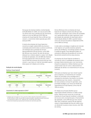Este grupo de empresas totalizou receitas líquidas              Outras diferenças entre as empresas do Grupo
                                    de R$ 86 bilhões em 2009, com taxa anual de 24%                 Especial com relação à amostra das 200 que mais
                                    nos últimos dois anos e perspectivas de crescimento             crescem são: apresentam maior número de sociedades
                                    médio em torno de 28% para 2010 (78% das                        com capital aberto (8% do total); registraram maior
                                    empresas do Grupo Especial). Para as 200 que mais               participação das operações de exportação sobre a
                                    crescem, o crescimento médio esperado para 2010                 receita líquida obtida em 2009; a grande maioria
                                    alcançará 40%.                                                  conta com serviços de auditoria independente (97%
                                                                                                    contra 46% do ranking).
                                    A maioria das empresas do Grupo Especial se
                                    concentra na região Sudeste (62% da amostra) e                  A visão sobre as estratégias e exigências do mercado
                                    contempla praticamente todos os setores econômicos,             e de negócios com grandes empresas apresenta
                                    com destaque para a prestação de serviços                       pontos de semelhança, mas diverge quando o assunto
                                    (aproximadamente 52% da amostra, contra 58%                     é modelo de gestão. Essas alterações podem ser
                                    das 200 que mais crescem). No setor de serviços,                atribuídas às diferenças de grandeza em termos de
                                    destacam-se a indústria digital e o varejo. Com relação         faturamento existente entre as duas amostras.
                                    ao tempo de operação, cerca de 40% das empresas
                                    do Grupo Especial tem menos de 20 anos, contra                  As empresas do Grupo Especial consideram o
                                    mais de 50% das empresas da amostra das que mais                controle de custos e a qualidade dos produtos como
                                    crescem, o que indica um nível de maturidade superior           principais fatores decisivos para o seu crescimento,
                                    desse grupo com relação ao do ranking.                          enquanto as pequenas e médias empresas que mais
                                                                                                    crescem levam mais em conta o relacionamento e
Evolução da receita líquida                                                                         fidelização de clientes e os investimentos em recursos
                                                                                                    humanos.
Ranking e Grupo Especial*
                          Ranking (200 empresas que mais cresceram)
                                                                                                    Tanto para as empresas que mais crescem quanto
        Receita líquida (R$ bilhões)                              2007-2009 (%)
                                                                                                    para as especiais, os investimentos em inovação
    2007            2008            2009                           No período          Taxa anual
                                                                                                    devem ser priorizados como estratégia para a
      5,4            7,9             9,7                                82                   35
                                                                                                    condução do crescimento. No entanto, ao contrário
                                                                                                    das empresas que mais crescem, o lançamento
                                 Grupo Especial* (40 empresas)                                      de novos produtos e serviços foi apontado, como
        Receita líquida (R$ bilhões)                                         2007-2009 (%)          prioridade estratégica, por menos da metade dos
    2007            2008            2009                           No período          Taxa anual   respondentes do Grupo Especial, contra mais de
      5,5            7,2             8,6                                55                   24     70% do ranking.

Crescimento % médio esperado em 2010**                                                              Em relação aos principais desafios que as
  Ranking (173 empresas que mais crescem)                    Grupo Especial (31 empresas)*          organizações deverão enfrentar no médio e longo
                    40                                                    28                        prazos, observa-se que menos de um terço das
* Empresas que se encaixam em um ou mais dos critérios seguintes: faturamento superior a
                                                                                                    empresas do Grupo Especial consideram a obtenção
   R$ 200 milhões em 2009; mais de 30% de capital estrangeiro; subsidiária de grupo empresarial     de recursos como uma barreira para o financiamento
   com faturamento superior a R$ 1 bilhão por ano; controle pelo setor público                      das operações, contra 40% das que mais crescem.
** Amostra de empresas que apresentaram estimativa de crescimento para 2010
                                                                                                    Além disso, atualmente, apenas 5% das especiais
                                                                                                    indicam a disponibilidade de linhas de crédito como
                                                                                                    um obstáculo no acesso a esses recursos, ante 18%
                                                                                                    do ranking.




                                                                                                                   As PMEs que mais crescem no Brasil 29
 