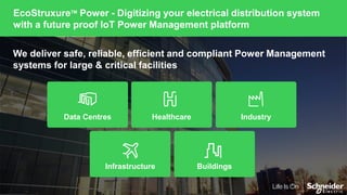 Data Centres Healthcare Industry
We deliver safe, reliable, efficient and compliant Power Management
systems for large & critical facilities
Infrastructure Buildings
EcoStruxureTM
Power - Digitizing your electrical distribution system
with a future proof IoT Power Management platform
 