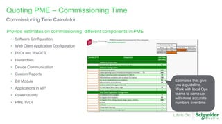 Provide estimates on commissioning different components in PME
• Software Configuration
• Web Client Application Configuration
• PLCs and WAGES
• Hierarchies
• Device Communication
• Custom Reports
• Bill Module
• Applications in VIP
• Power Quality
• PME TVDs
Quoting PME – Commissioning Time
Commissioning Time Calculator
Estimates that give
you a guideline.
Work with local Ops
teams to come up
with more accurate
numbers over time
 
