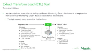 Page 61
Confidential Property of Schneider Electric |
• Import data from external sources into the Power Monitoring Expert database, or to export data
from the Power Monitoring Expert database to external destinations.
• The tool supports many products and data stores.
Extract Transform Load (ETL) Tool
Tools and Utilities
 