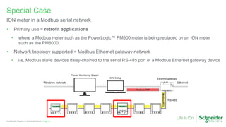 Page 65
Confidential Property of Schneider Electric |
• Primary use = retrofit applications
• where a Modbus meter such as the PowerLogic™ PM800 meter is being replaced by an ION meter
such as the PM8000.
• Network topology supported = Modbus Ethernet gateway network
• i.e. Modbus slave devices daisy-chained to the serial RS-485 port of a Modbus Ethernet gateway device
Special Case
ION meter in a Modbus serial network
 