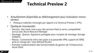 • Actuellement disponible au téléchargement pour évaluation mono-
serveur
• Prérequis matériels inchangés par rapport a la Technical Preview 1 (TP1)
• Quelques nouveautés:
– Services : Key Vault, mise a jour des services PaaS (a venir), compatibilité
accrue avec Azure Resource Manager
– Stockage : Queues, Signatures partagées pour comptes de stockage, Storage
Analytics
– Réseau : Connectivite entre sites grâce a la passerelle VPN, support de iDNS,
prise en charge des “User Defined Routes”
– Première implémentation des fonctionnalités de gestion de l’infrastructure
Azure Stack
Technical Preview 2
N° 15
 