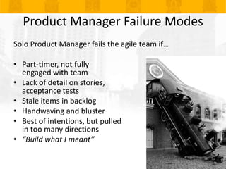 Product Manager Failure Modes<br />Solo Product Manager fails the agile team if…<br />Part-timer, not fully engaged with t...