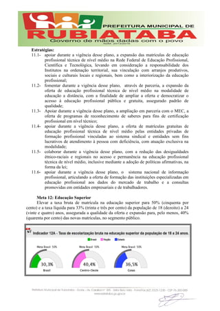 Estratégias:
11.1- apoiar durante a vigência desse plano, a expansão das matrículas de educação
profissional técnica de nível médio na Rede Federal de Educação Profissional,
Científica e Tecnológica, levando em consideração a responsabilidade dos
Institutos na ordenação territorial, sua vinculação com arranjos produtivos,
sociais e culturais locais e regionais, bem como a interiorização da educação
profissional;
11.2- fomentar durante a vigência desse plano, através de parceria, a expansão da
oferta de educação profissional técnica de nível médio na modalidade de
educação a distância, com a finalidade de ampliar a oferta e democratizar o
acesso à educação profissional pública e gratuita, assegurado padrão de
qualidade;
11.3- Apoiar durante a vigência desse plano, a ampliação em parceria com o MEC, a
oferta de programas de reconhecimento de saberes para fins de certificação
profissional em nível técnico;
11.4- apoiar durante a vigência desse plano, a oferta de matrículas gratuitas de
educação profissional técnica de nível médio pelas entidades privadas de
formação profissional vinculadas ao sistema sindical e entidades sem fins
lucrativos de atendimento à pessoa com deficiência, com atuação exclusiva na
modalidade;
11.5- colaborar durante a vigência desse plano, com a redução das desigualdades
étnico-raciais e regionais no acesso e permanência na educação profissional
técnica de nível médio, inclusive mediante a adoção de políticas afirmativas, na
forma da lei;
11.6- apoiar durante a vigência desse plano, o sistema nacional de informação
profissional, articulando a oferta de formação das instituições especializadas em
educação profissional aos dados do mercado de trabalho e a consultas
promovidas em entidades empresariais e de trabalhadores.
Meta 12: Educação Superior
Elevar a taxa bruta de matrícula na educação superior para 50% (cinquenta por
cento) e a taxa líquida para 33% (trinta e três por cento) da população de 18 (dezoito) a 24
(vinte e quatro) anos, assegurada a qualidade da oferta e expansão para, pelo menos, 40%
(quarenta por cento) das novas matrículas, no segmento público.
 