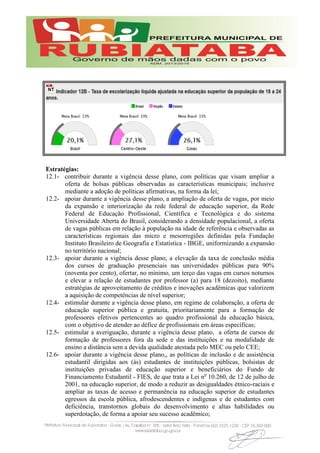 Estratégias:
12.1- contribuir durante a vigência desse plano, com políticas que visam ampliar a
oferta de bolsas públicas observadas as características municipais; inclusive
mediante a adoção de políticas afirmativas, na forma da lei;
12.2- apoiar durante a vigência desse plano, a ampliação de oferta de vagas, por meio
da expansão e interiorização da rede federal de educação superior, da Rede
Federal de Educação Profissional, Científica e Tecnológica e do sistema
Universidade Aberta do Brasil, considerando a densidade populacional, a oferta
de vagas públicas em relação à população na idade de referência e observadas as
características regionais das micro e mesorregiões definidas pela Fundação
Instituto Brasileiro de Geografia e Estatística - IBGE, uniformizando a expansão
no território nacional;
12.3- apoiar durante a vigência desse plano, a elevação da taxa de conclusão média
dos cursos de graduação presenciais nas universidades públicas para 90%
(noventa por cento), ofertar, no mínimo, um terço das vagas em cursos noturnos
e elevar a relação de estudantes por professor (a) para 18 (dezoito), mediante
estratégias de aproveitamento de créditos e inovações acadêmicas que valorizem
a aquisição de competências de nível superior;
12.4- estimular durante a vigência desse plano, em regime de colaboração, a oferta de
educação superior pública e gratuita, prioritariamente para a formação de
professores efetivos pertencentes ao quadro profissional da educação básica,
com o objetivo de atender ao défice de profissionais em áreas específicas;
12.5- estimular a averiguação, durante a vigência desse plano, a oferta de cursos de
formação de professores fora da sede e das instituições e na modalidade de
ensino a distância sem a devida qualidade atestada pelo MEC ou pelo CEE;
12.6- apoiar durante a vigência desse plano,, as políticas de inclusão e de assistência
estudantil dirigidas aos (às) estudantes de instituições públicas, bolsistas de
instituições privadas de educação superior e beneficiários do Fundo de
Financiamento Estudantil - FIES, de que trata a Lei no
10.260, de 12 de julho de
2001, na educação superior, de modo a reduzir as desigualdades étnico-raciais e
ampliar as taxas de acesso e permanência na educação superior de estudantes
egressos da escola pública, afrodescendentes e indígenas e de estudantes com
deficiência, transtornos globais do desenvolvimento e altas habilidades ou
superdotação, de forma a apoiar seu sucesso acadêmico;
 