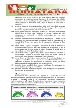 escolar e à interação com o coletivo, bem como das situações de discriminação,
preconceitos e violências, práticas irregulares de exploração do trabalho,
consumo de drogas, gravidez precoce, em colaboração com as famílias e com
órgãos públicos de assistência social, saúde e proteção à adolescência e
juventude;
3.9- promover durante a vigência desse plano, ações junto a população geral, em
articulação com os serviços de comunicação do município e da sociedade na
busca ativa da população de 15 a 17 anos fora da escola;
3.10- definir durante a vigência desse plano, as Diretrizes Curriculares Municipais em
parceria com o Estado, para a Educação de Jovens e Adultos até 2016,
assegurando e monitorando o trabalho metodológico que está sendo
desenvolvido;
3.11- empenhar durante a vigência desse plano, em parceria com a União e Estado,
juntamente com a comunidade local, pelo acesso à escola de todos os jovens na
faixa de 15 a 17 anos e dos adultos fora da escola e com defasagem no fluxo
escolar;
3.12- apoiar durante a vigência desse plano, a redimensão da oferta de ensino médio
nos turnos diurno e noturno, bem como a distribuição territorial das escolas de
ensino médio, de forma a atender a toda a demanda, de acordo com as
necessidades específicas dos (as) alunos (as);
3.13- desenvolver durante a vigência desse plano, formas alternativas de oferta do
ensino médio, garantida a qualidade, para atender aos filhos e filhas de
profissionais que se dedicam a atividades de caráter itinerante;
3.14- apoiar durante a vigência desse plano, políticas de conscientização junto aos
empresários deste Município no que diz respeito ao horário de finalização do
expediente de trabalho dos funcionários, a favorecer o acesso dos jovens
estudantes para o primeiro horário de aula do turno noturno;
3.15- estimular durante a vigência desse plano, a participação dos adolescentes nos
cursos das áreas tecnológicas e científicas.
3.16- promover durante a vigência desse plano, ações pedagógicas que garantem a
permanência no ensino médio.
Meta 4 – Inclusão
Universalizar, para a população de 4 (quatro) a 17 (dezessete) anos com
deficiência, transtornos globais do desenvolvimento e altas habilidades ou superdotação,
o acesso à educação básica e ao atendimento educacional especializado,
preferencialmente na rede regular de ensino, com a garantia de sistema educacional
inclusivo, de salas de recursos multifuncionais, classes, escolas ou serviços
especializados, públicos ou conveniados.
 