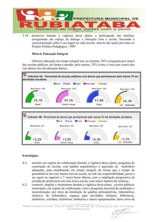 5.14- promover durante a vigência desse plano, a participação das famílias,
assegurando um espaço de diálogo e interação com a escola, buscando a
conscientização sobre o seu papel na vida escolar, através das ações previstas no
Projeto Político Pedagógico - PPP.
Meta 6- Educação Integral
Oferecer educação em tempo integral em, no mínimo, 50% (cinquenta por cento)
das escolas públicas, de forma a atender, pelo menos, 25% (vinte e cinco por cento) dos
(as) alunos (as) da educação básica.
Estratégias:
6.1- instituir em regime de colaboração durante a vigência desse plano, programa de
construção de escolas com padrão arquitetônico e aquisição de mobiliário
adequado, para atendimento em tempo integral, de forma que o tempo de
permanência dos (as) alunos (as) na escola, ou sob sua responsabilidade, passe a
ser igual ou superior a 7 (sete) horas diárias, com a ampliação progressiva da
jornada de professores em uma única escola, com maior número de crianças;
6.2- construir, ampliar e reestruturar durante a vigência desse plano, escolas públicas
municipais, em regime de colaboração, com o programa nacional de ampliação e
reestruturação, por meio da instalação de quadras poliesportivas, laboratórios,
inclusive de informática, espaços para atividades culturais, bibliotecas,
auditórios, cozinhas, refeitórios, banheiros e outros equipamentos, bem como da
 