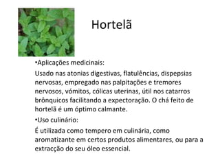 Hortelã Aplicações medicinais: Usado nas atonias digestivas, flatulências, dispepsias nervosas, empregado nas palpitações e tremores nervosos, vómitos, cólicas uterinas, útil nos catarros brônquicos facilitando a expectoração. O chá feito de hortelã é um óptimo calmante. Uso culinário: É utilizada como tempero em culinária, como aromatizante em certos produtos alimentares, ou para a extracção do seu óleo essencial.  