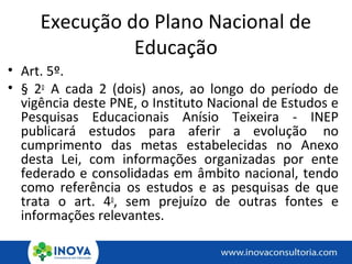 Execução do Plano Nacional de
Educação
• Art. 5º.
• § 2o
A cada 2 (dois) anos, ao longo do período de
vigência deste PNE, o Instituto Nacional de Estudos e
Pesquisas Educacionais Anísio Teixeira - INEP
publicará estudos para aferir a evolução no
cumprimento das metas estabelecidas no Anexo
desta Lei, com informações organizadas por ente
federado e consolidadas em âmbito nacional, tendo
como referência os estudos e as pesquisas de que
trata o art. 4o
, sem prejuízo de outras fontes e
informações relevantes.
 