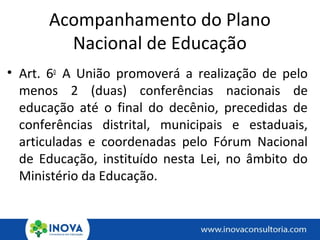 Acompanhamento do Plano
Nacional de Educação
• Art. 6o
A União promoverá a realização de pelo
menos 2 (duas) conferências nacionais de
educação até o final do decênio, precedidas de
conferências distrital, municipais e estaduais,
articuladas e coordenadas pelo Fórum Nacional
de Educação, instituído nesta Lei, no âmbito do
Ministério da Educação.
 