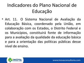 Indicadores do Plano Nacional de
Educação
• Art. 11. O Sistema Nacional de Avaliação da
Educação Básica, coordenado pela União, em
colaboração com os Estados, o Distrito Federal e
os Municípios, constituirá fonte de informação
para a avaliação da qualidade da educação básica
e para a orientação das políticas públicas desse
nível de ensino.
 