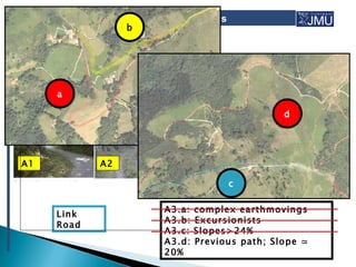 4 – Possible project alternatives
                     b
3 – Access
alternatives
   A1        Impassable without ↑ environmental
   A2        modifications shady areas; longer than
             ↓↓conditions;↑
             the A1
   A3 a      Excursionists; close to natural heritage
   A4        (roman ruins)
             Impassable without ↑ environmental/village
             modifications                            d




A1             A2                A3               A4

                                              c

                             A3.a:   complex earthmovings
      Link
                             A3.b:   Excursionists
      Road
                             A3.c:   Slopes>24%
                             A3.d:   Previous path; Slope ≃
                             20%
 