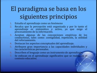 El paradigma se basa en los
siguientes principios
1. Estudia el aprendizaje como un fenómeno
2. Recalca que la percepción está organizada y por lo tanto el
aprendizaje es sistemático y activo, ya que exige el
procesamiento de la información.
3. Aceptan algunas de las concepciones empíricas de los
conductistas, tales como: contigüidad, repetición, la utilidad
del reforzamiento.
4. Destacan los aspectos conceptuales del aprendizaje.
5. Atribuyen gran importancia a las capacidades individuales y
las características personales.
6. Describen el lenguaje como un instrumento de aprendizaje.
7. Se enfocan en el aprendizaje significativo que se realiza en el
contexto educativo.
 