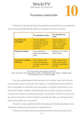 10
                                   WebTV
                                televisão na internet


                               Formatos comerciais


      O Interactive Advertising Bureau disponibilizou uma tabela com as característi-
cas das atuais possibilidades de anúncios em páginas de vídeo na internet:

                                                                No reprodutor do
                                    No conteúdo do video
                                                                vídeo
        Experiência do              Anúncio aparece no          Anúncio aparece de
        consumidor                  conteúdo do video por       maneira paralela ao
                                    um período de tempo,        vídeo, com o usuário
                                    semelhante a TV             vendo o conteúdo
                                    tradicional                 simultâneamente
        Posição do anúncio          Antes, durante ou           During, over or within
                                    depois do conteúdo de       video content
                                    vídeo

        Formatos de anúncios        Texto, banners, Rich        Texto, banners, Rich
        adicionais                  media, customização         media, customização
                                    ao redor do reprodutor      ao redor do reprodutor
                                    do video                    do video

                           t.2. características dos anúncios em Webtv
    Fonte: interactive Advertising bureau (iAb), “iAb Platform Status report: A Digital vídeo
                             Advertising overview”, Janeiro de 2008


      Uma das oportunidades oferecidas pelo meio internet, tanto aos profissio-
nais de mídia, quanto aos da área de criação, é a variedade de formatos publici-
tários que podem ser utilizados sem interromper o conteúdo transmitido, ou até
mesmo de maneira sinérgica, possibilitando que o usuário esteja em constante
contato com a marca do anunciante durante a transmissão. O Terra TV, por exem-
plo, possui um banner vertical situado a esquerda do vídeo, que interage de ma-
neira sincronizada com o comercial.
      Os custos variam significativamente não apenas de formato para formato, mas
também de acordo com sua posição no conteúdo do site.
      O Terra, por exemplo possui uma diferenciação de valores de acordo com o
                                               33
 