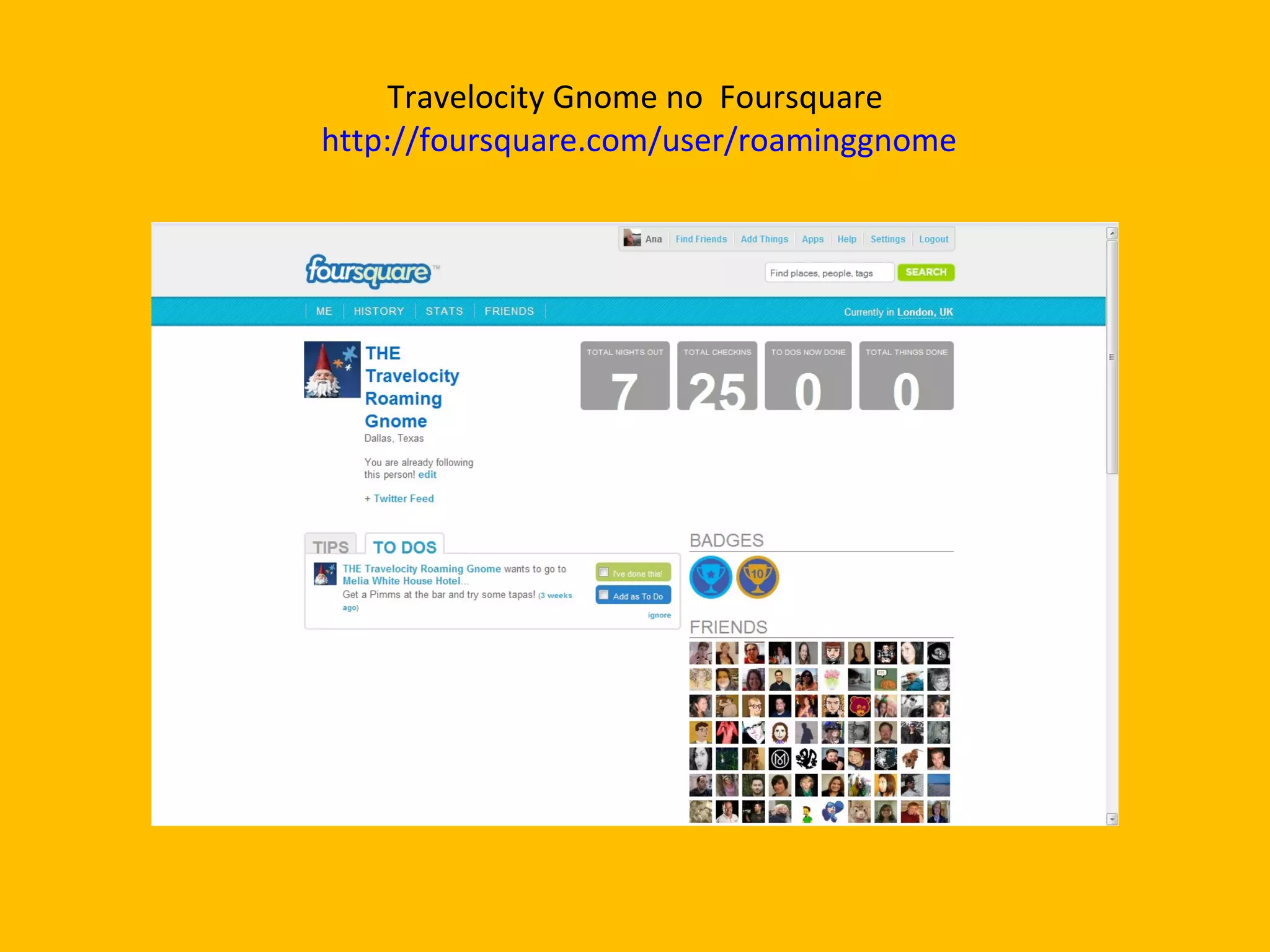 Travelocity Gnome no  Foursquare  http://foursquare.com/user/roaminggnome 