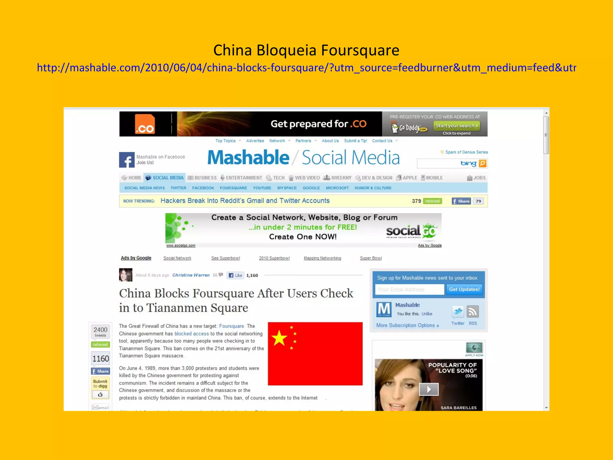 China Bloqueia Foursquare http://mashable.com/2010/06/04/china-blocks-foursquare/?utm_source=feedburner&utm_medium=feed&utm_campaign=Feed%3A+Mashable+%28Mashable%29&utm_content=Netvibes 
