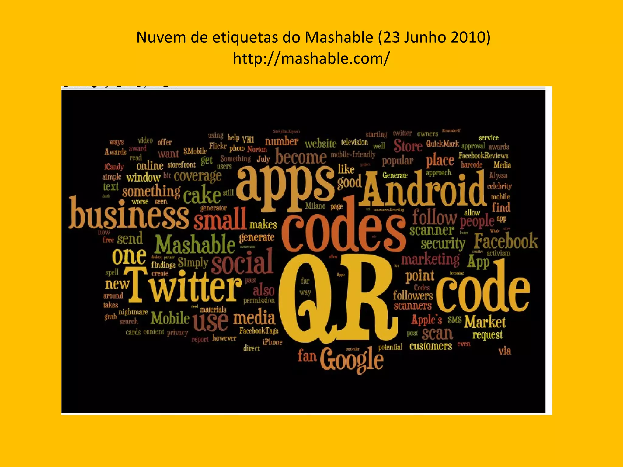   Nuvem de etiquetas do Mashable (23 Junho 2010) http://mashable.com/ 