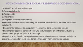 FOCO:CONVIVENCIA ESCOLAR Y RESGUARDO SOCIOEMOCIONAL
Se identifican 3 ámbitos de acción :
1.Convivencia Escolar
2. Participación
3. Prevención
Se sugieren acciones orientadas a:
• Mantener información actualizada y permanente de la situación personal y social de
toda la C.E.
• Implementar acciones de recepción y reencuentro de la comunidad escolar.
• Implementar acciones para gestionar una cultura escolar en ambientes virtuales y
presenciales, propicias para el aprendizaje.
• Capacitar al equipo técnico y profesional en materias atingentes (nuevas medidas de
prevención, bienestar socio emocional, estrategias y herramientas de apoyo).
 