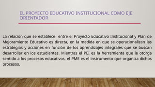 EL PROYECTO EDUCATIVO INSTITUCIONAL COMO EJE
ORIENTADOR
La relación que se establece entre el Proyecto Educativo Institucional y Plan de
Mejoramiento Educativo es directa, en la medida en que se operacionalizan las
estrategias y acciones en función de los aprendizajes integrales que se buscan
desarrollar en los estudiantes. Mientras el PEI es la herramienta que le otorga
sentido a los procesos educativos, el PME es el instrumento que organiza dichos
procesos.
 