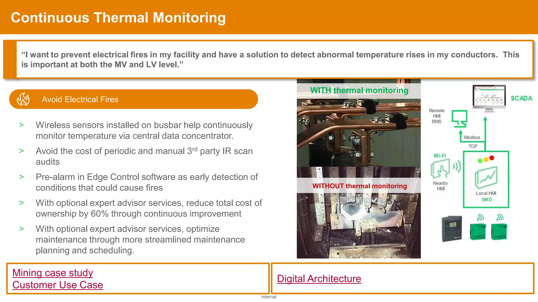 Internal
Confidential Property of Schneider Electric
Continuous Thermal Monitoring
Mining case study
Customer Use Case
WITHOUT thermal monitoring
WITH thermal monitoring
Avoid Electrical Fires
˃ Wireless sensors installed on busbar help continuously
monitor temperature via central data concentrator.
˃ Avoid the cost of periodic and manual 3rd party IR scan
audits
˃ Pre-alarm in Edge Control software as early detection of
conditions that could cause fires
˃ With optional expert advisor services, reduce total cost of
ownership by 60% through continuous improvement
˃ With optional expert advisor services, optimize
maintenance through more streamlined maintenance
planning and scheduling.
“I want to prevent electrical fires in my facility and have a solution to detect abnormal temperature rises in my conductors. This
is important at both the MV and LV level.”
Digital Architecture
 