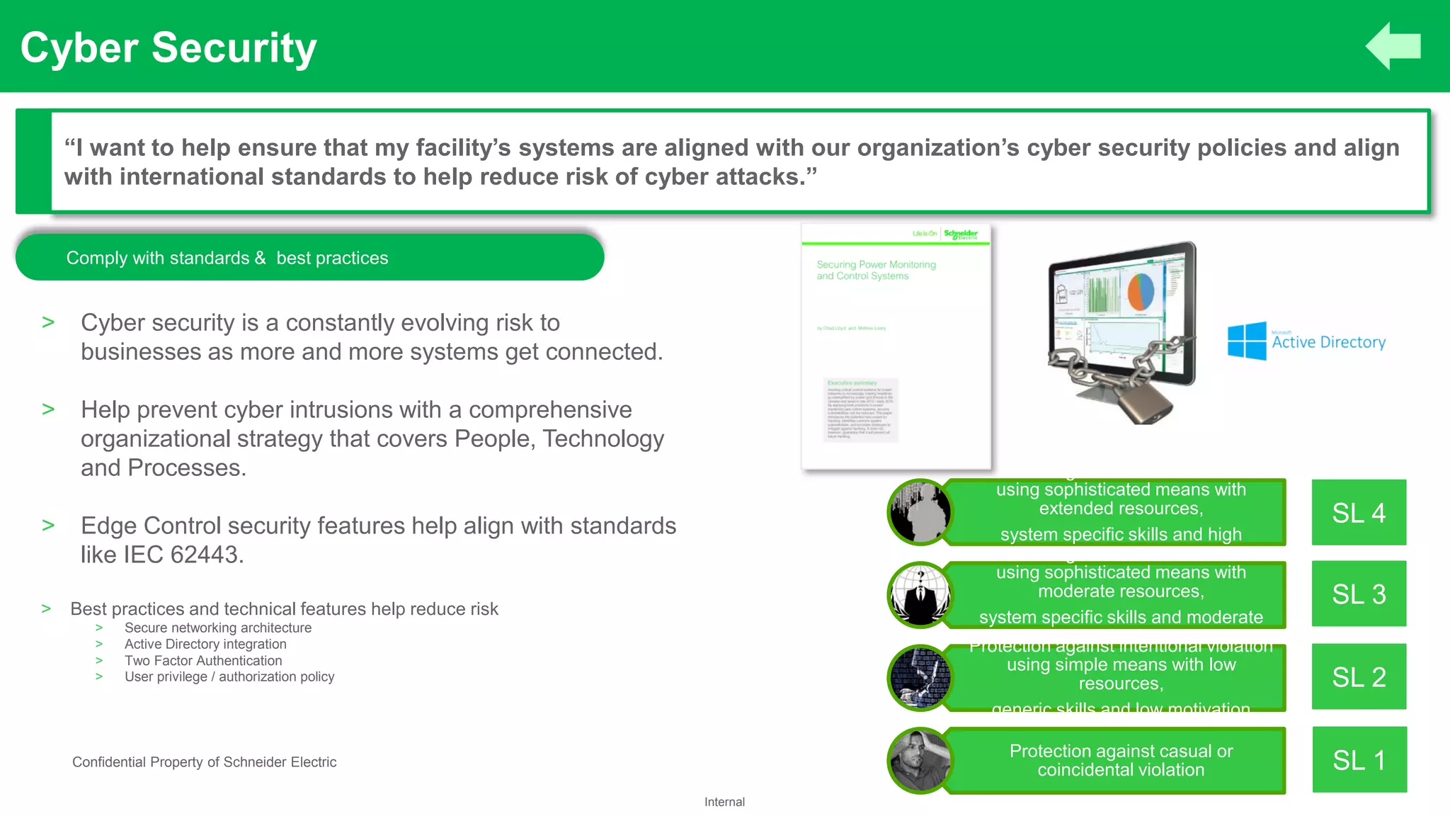30
Internal
Confidential Property of Schneider Electric
Cyber Security
“I want to help ensure that my facility’s systems are aligned with our organization’s cyber security policies and align
with international standards to help reduce risk of cyber attacks.”
Protection against intentional violation
using sophisticated means with
extended resources,
system specific skills and high
motivation
Protection against intentional violation
using sophisticated means with
moderate resources,
system specific skills and moderate
motivation
Protection against intentional violation
using simple means with low
resources,
generic skills and low motivation
Protection against casual or
coincidental violation SL 1
SL 2
SL 3
SL 4
˃ Cyber security is a constantly evolving risk to
businesses as more and more systems get connected.
˃ Help prevent cyber intrusions with a comprehensive
organizational strategy that covers People, Technology
and Processes.
˃ Edge Control security features help align with standards
like IEC 62443.
˃ Best practices and technical features help reduce risk
˃ Secure networking architecture
˃ Active Directory integration
˃ Two Factor Authentication
˃ User privilege / authorization policy
Comply with standards & best practices
 