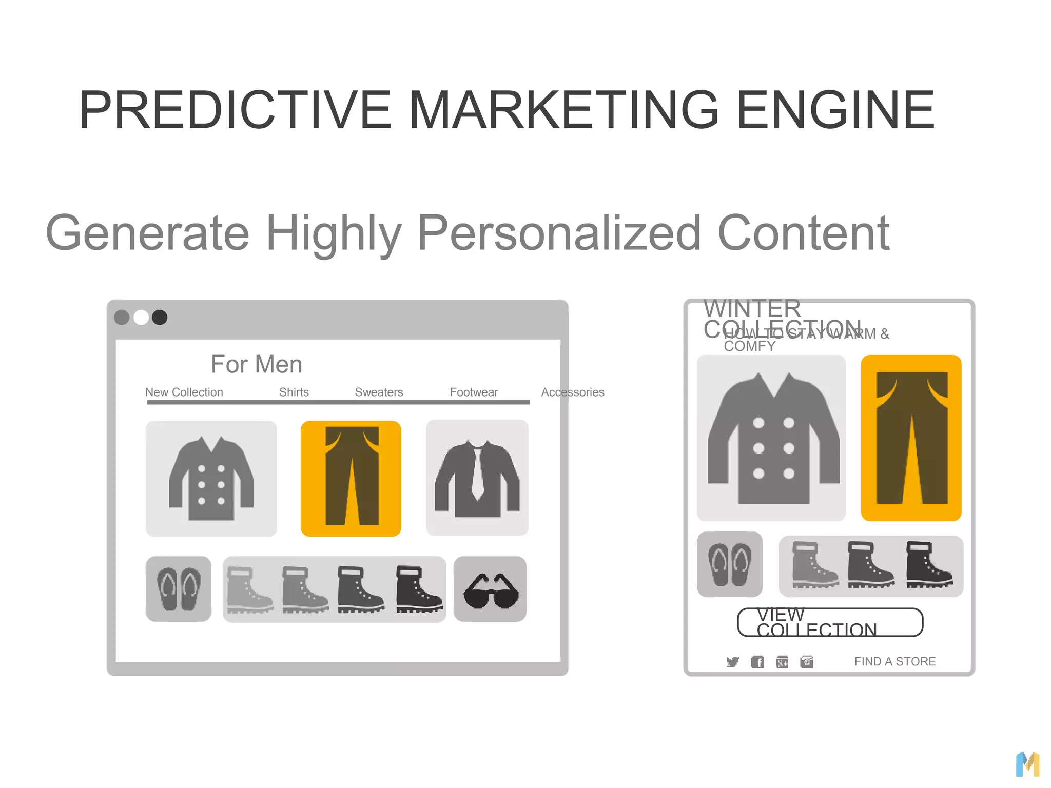 Generate Highly Personalized Content
WINTER
COLLECTIONHOW TO STAY WARM &
COMFY
VIEW
COLLECTION
FIND A STORE
For Men
New Collection Shirts Sweaters Footwear Accessories
PREDICTIVE MARKETING ENGINE
 