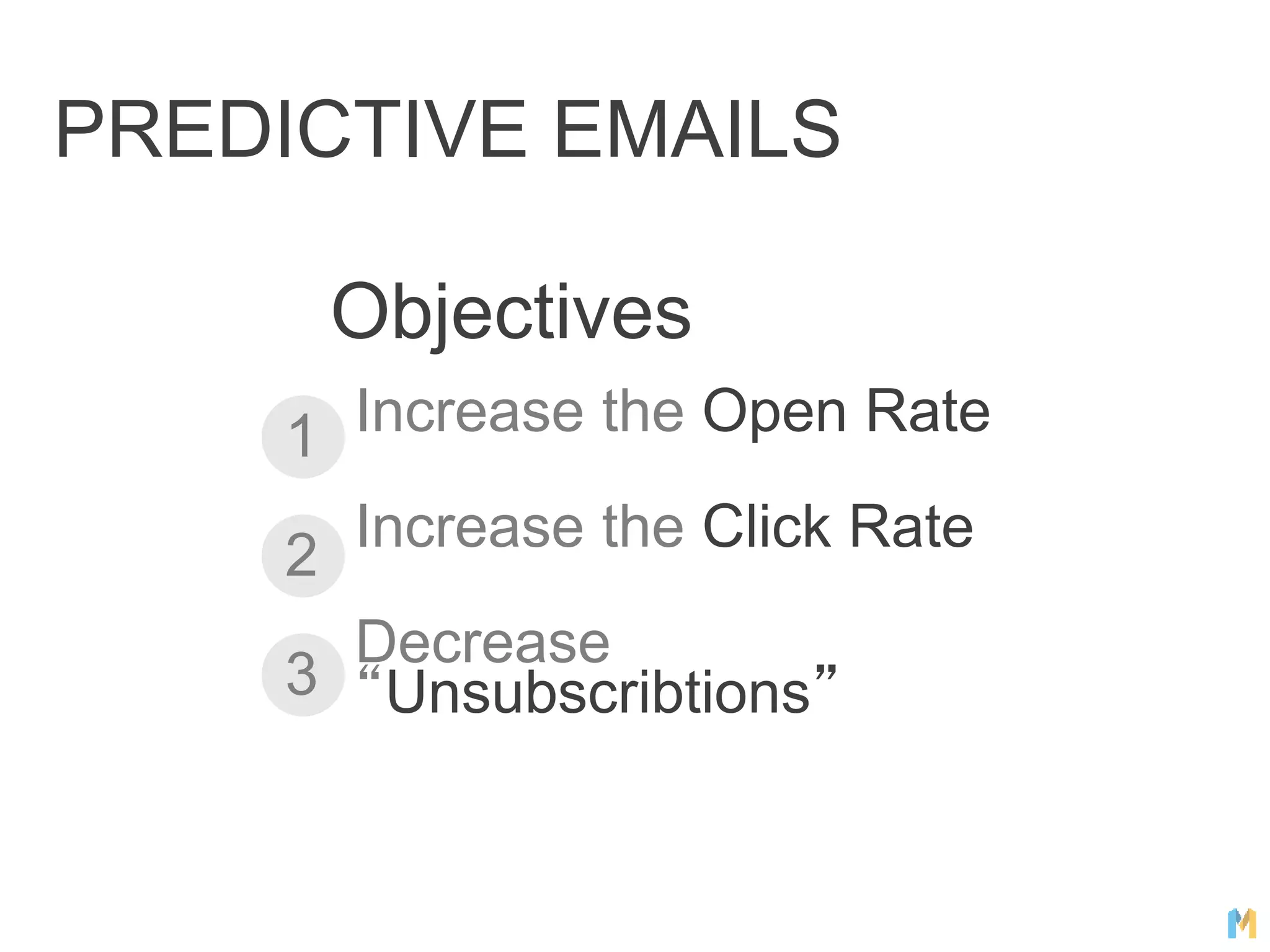 PREDICTIVE EMAILS
Objectives
Increase the Open Rate
Increase the Click Rate
Decrease
“Unsubscribtions”
1
3
2
 