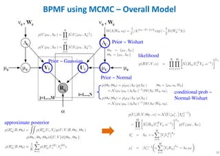 30
BPMF using MCMC – Overall Model
likelihood
Prior ~ Wishart
Prior ~ Normal
Prior ~ Gaussian
approximate posterior
conditional prob ~
Normal-Wishart
 