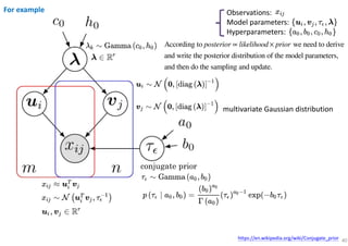 40https://en.wikipedia.org/wiki/Conjugate_prior
conjugate prior
Observations:
Model parameters:
Hyperparameters:
According to e need to derive
and write the posterior distribution of the model parameters,
and then do the sampling and updat .
w
e
osterior likelihood priorp ×∝
For example
multivariate Gaussian distribution
 
