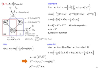 41
{ }, , ,i j ετ λu v Posterior likelihood
Khatri-Rao product
bij indicator function
prior posterior
 