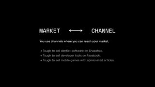 MARKET CHANNEL
You use channels where you can reach your market.
→ Tough to sell dentist software on Snapchat.
→ Tough to sell developer tools on Facebook.
→ Tough to sell mobile games with opinionated articles.
 