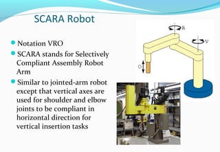 SCARA Robot
Notation VRO
SCARA stands for Selectively
Compliant Assembly Robot
Arm
Similar to jointed-arm robot
except that vertical axes are
used for shoulder and elbow
joints to be compliant in
horizontal direction for
vertical insertion tasks
 