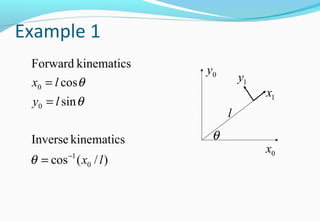 Example 1
0x
0y
1x
1y
)/(cos
kinematicsInverse
sin
cos
kinematicsForward
0
1
0
0
lx
ly
lx
−
=
=
=
θ
θ
θ
θ
l
 