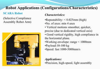 Robot Applications (Configurations/Characteristics)
SCARA Robot
(Selective Compliance
Assembly Robot Arm)
Characteristics:
•Repeatability: < 0.025mm (high)
•No. of axes: min 4 axes
• Vertical motions smoother, quicker,
precise (due to dedicated vertical axis)
• Good vertical rigidity, high compliance in
the horizontal plane.
•Working envelope: range < 1000mm
•Payload:10-100 kg
•Speed: fast 1000-5000mm/s
Applications:
•Precision, high-speed, light assembly
 