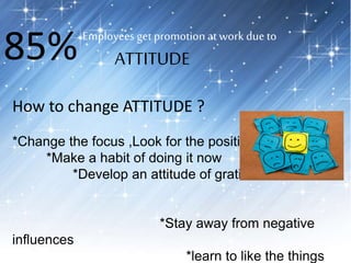 85% ATTITUDE 
Employees get promotion at work due to 
How to change ATTITUDE ? 
*Change the focus ,Look for the positive 
*Make a habit of doing it now 
*Develop an attitude of gratitude 
*Stay away from negative 
influences 
*learn to like the things 
 