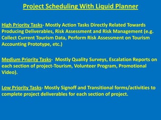 Communications PlanAlthough applying this element seemed redundant to me due to the limited number of key stakeholders (Senior Management, Sponsors and Project Team Members) in my project, it had merit since it provided me awareness on the the potential benefit of using/outsourcing government agencies to assist me in my project (federal grants/free administrative support).It also opened my eyes to the benefit of outsourcing subcontractors to perform some of the required “specialist” tasks in my project-particularly for producing the VVMM promotional video.