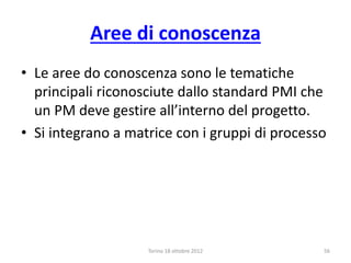 Aree di conoscenza
• Le aree do conoscenza sono le tematiche
principali riconosciute dallo standard PMI che
un PM deve gestire all’interno del progetto.
• Si integrano a matrice con i gruppi di processo
Torino 18 ottobre 2012 56
 
