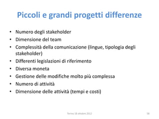 Piccoli e grandi progetti differenze
• Numero degli stakeholder
• Dimensione del team
• Complessità della comunicazione (lingue, tipologia degli
stakeholder)
• Differenti legislazioni di riferimento
• Diversa moneta
• Gestione delle modifiche molto più complessa
• Numero di attività
• Dimensione delle attività (tempi e costi)
Torino 18 ottobre 2012 58
 